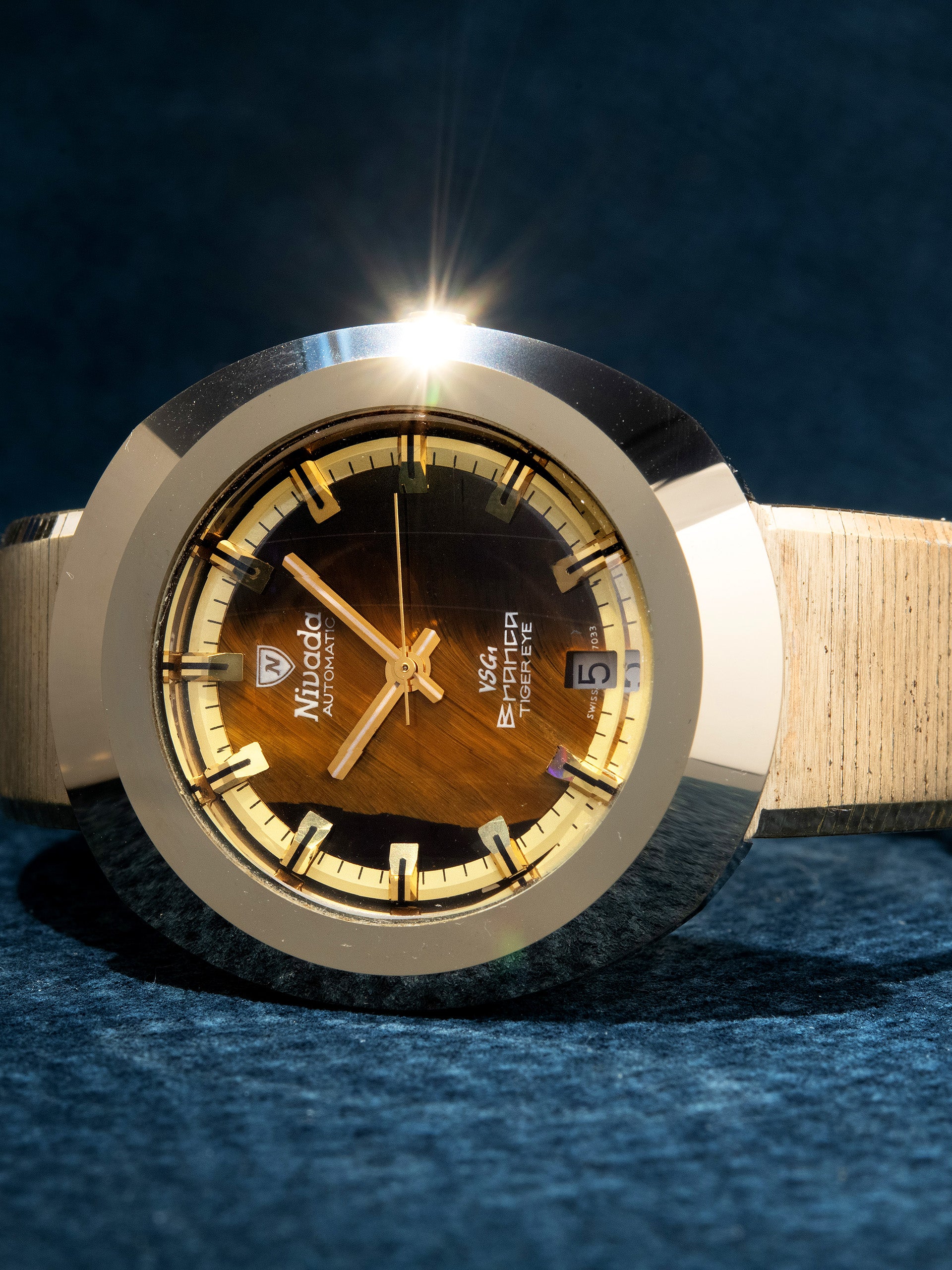 1970s Nivada Automatic Branca Ref. 98216 Tiger Eye Stone Dial