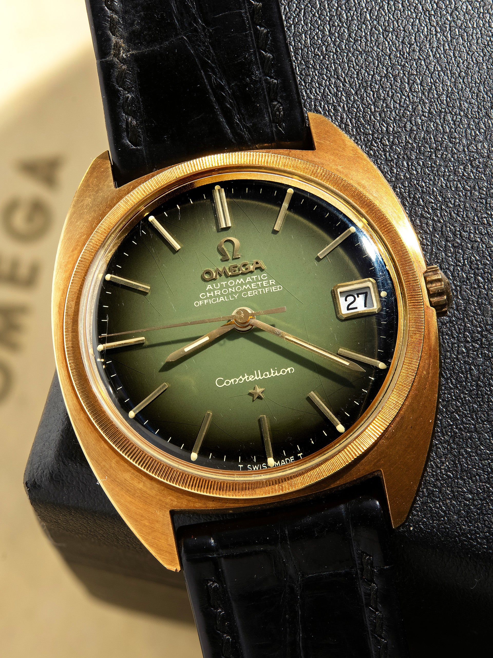 Unpolished 1968 Omega Seamaster 18K YG Ref. 168.009 Green Lacquer Vignette Dial W Box