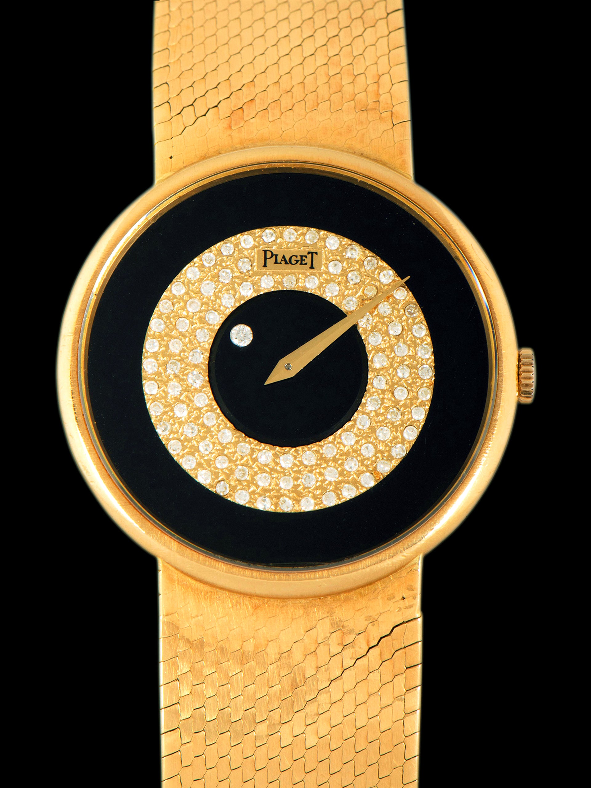 1970s Piaget Cocktail Watch 18K YG (Ref. 9025 B2) Onyx Stone & Pave Diamond "Mystery" Dial