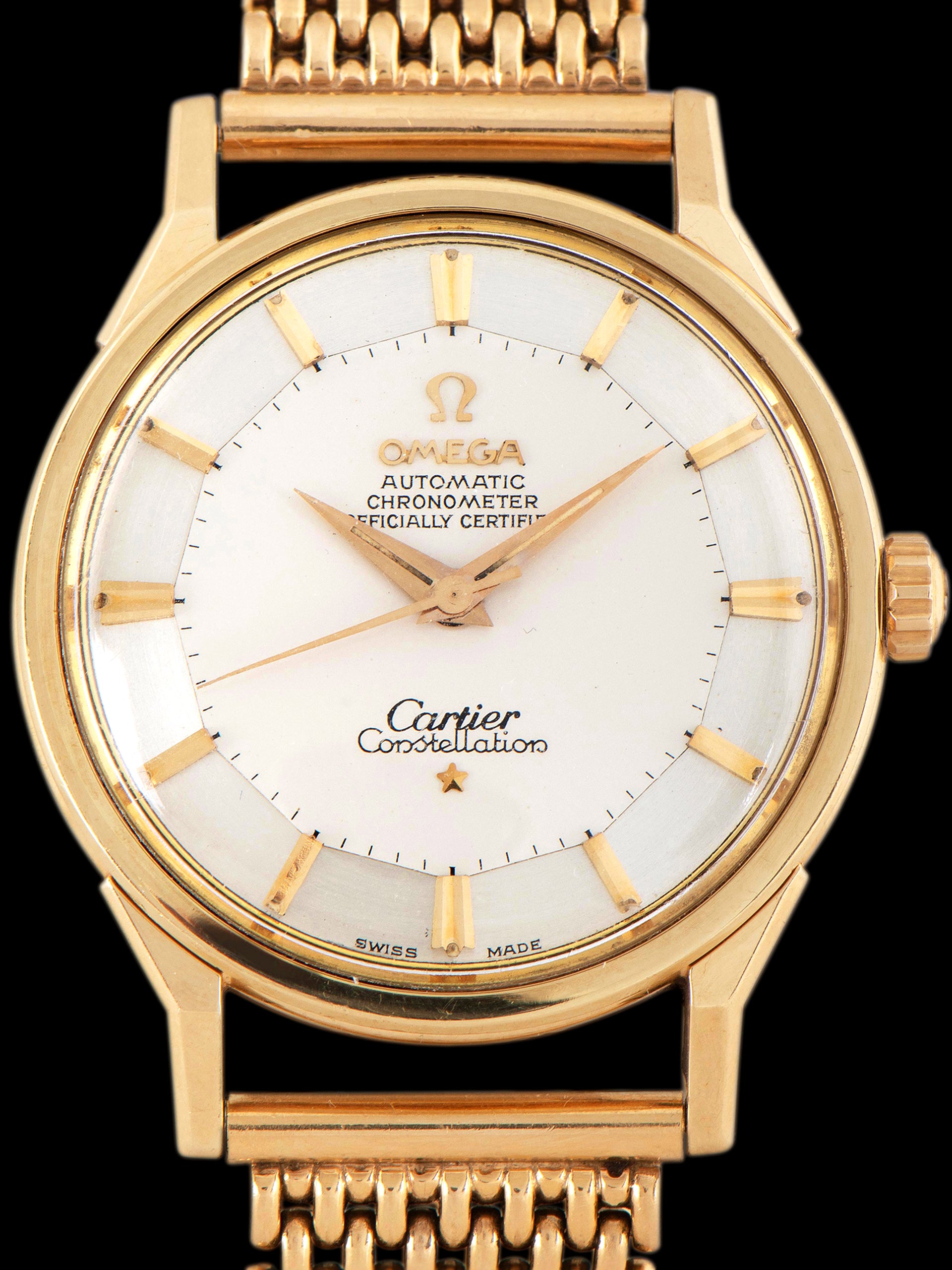 1962 Omega Constellation 14K YG (Ref. 14900SC) Silver "Cartier Cosigned" Pie-Pan Dial W/ Cartier Milanese Bracelet