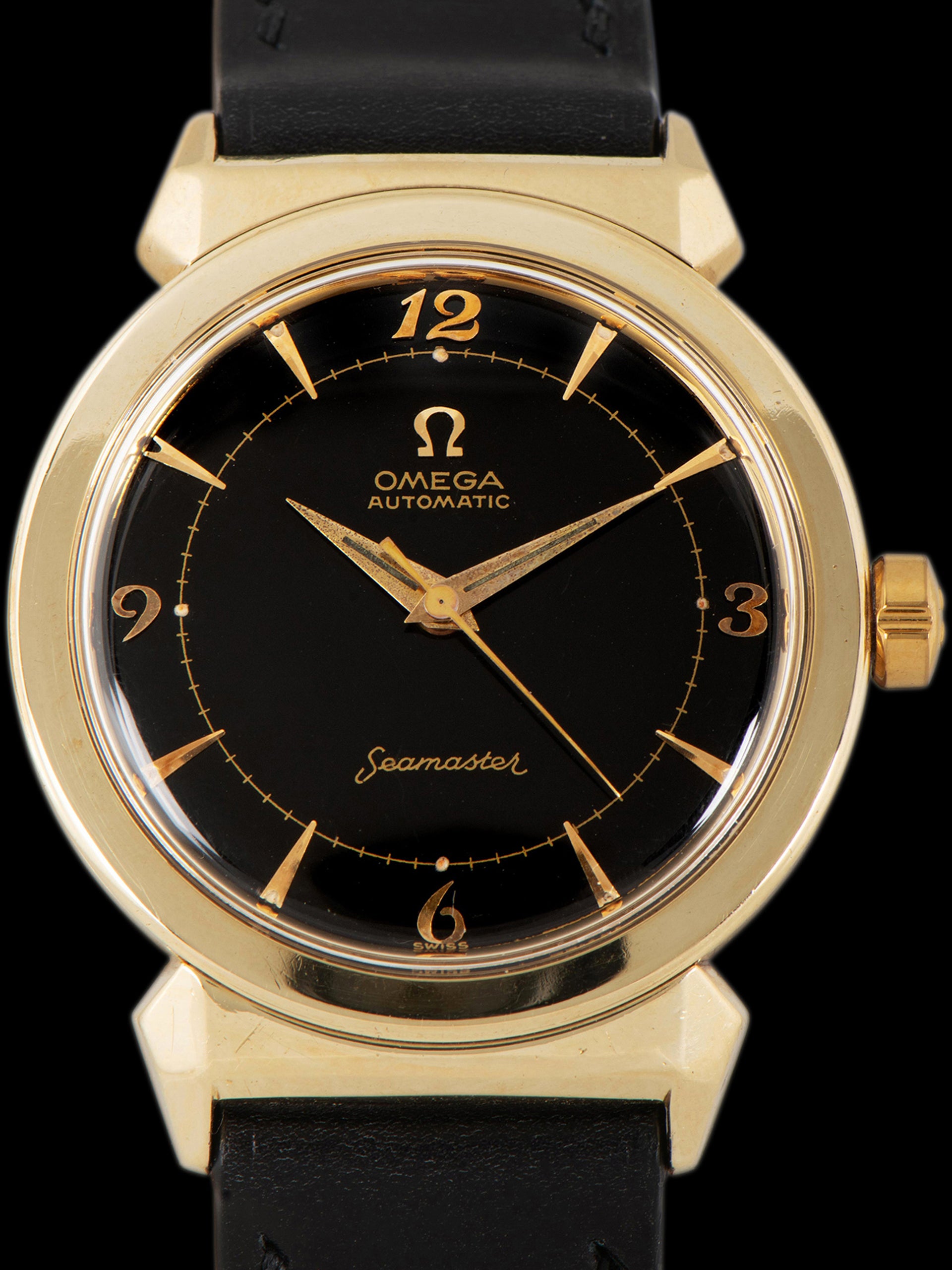 1954 Omega Automatic Seamaster 'Gold Cap' (Ref. 14363-1 SC) Black Dial W/ Breguet Numerals & Horned-Lug Case