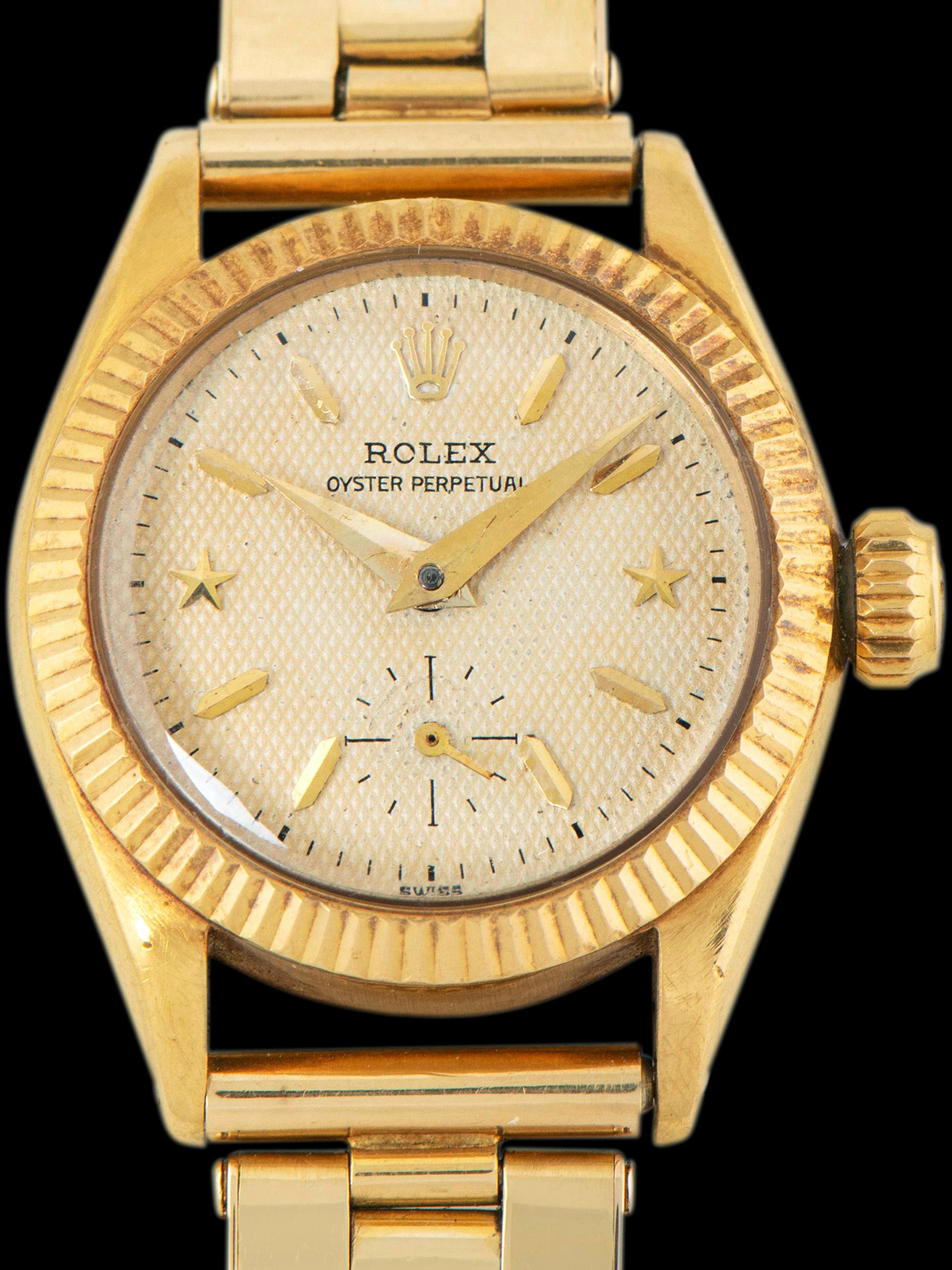 1954 Rolex Ladies Oyster Perpetual 18K YG (Ref. 6509) Cream Honeycomb “Stelline” Dial