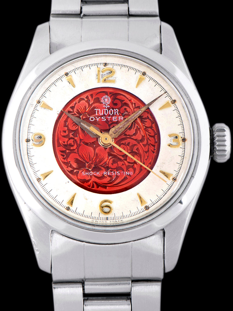 1950s Tudor Oyster (Ref. 7803) Red Enamel Engraved Floral Motif Dial