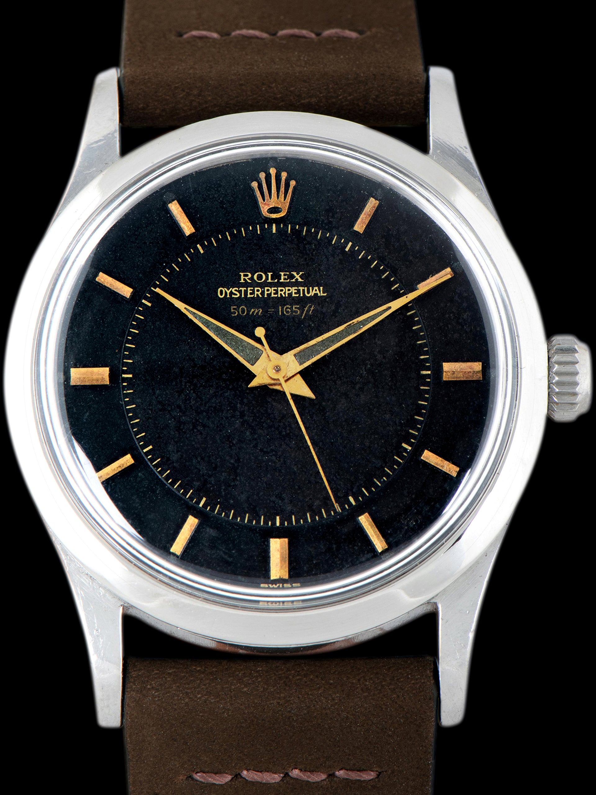 1955 Rolex Oyster-Perpetual (Ref. 6532) Black Gilt "Depth Rating" Dial W/ Flat Sides Case